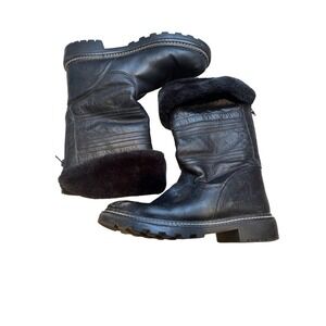 GH Bass Womens Black Leather Faux Fur Trim Winter Boots Lug Sole Rear Zip